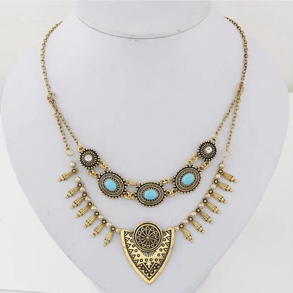 Boho Statement Necklace  Gold Tone Tribal Pendant w/ Turquoise Accents NEW - Picture 1 of 3